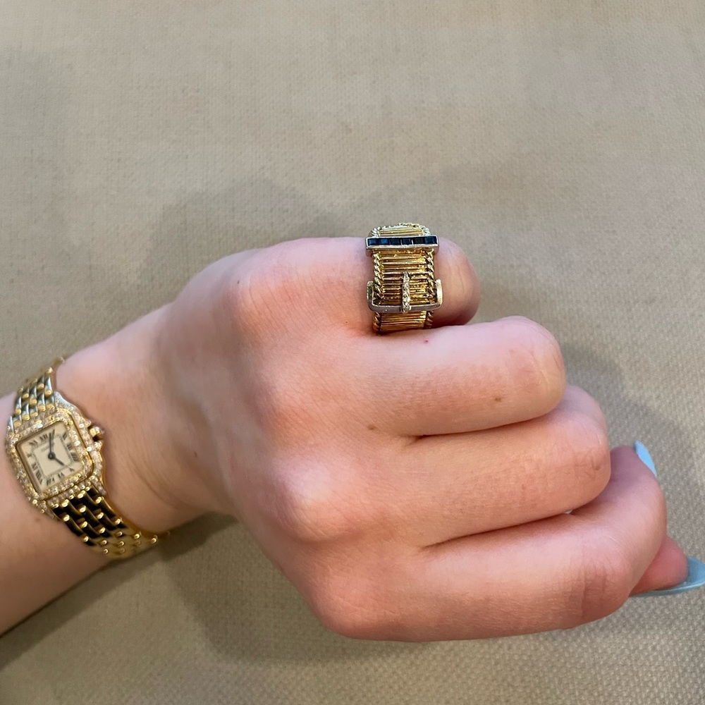 Vintage💙18KT Gold💙 Diamond and Sapphire Mini Belt Buckle Ring